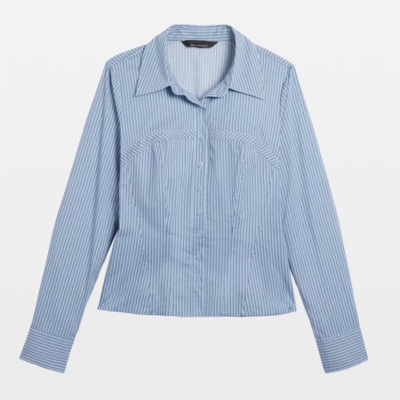 White House Black Market Long Sleeve Corset Poplin Button Down Shirt Blue Stripe - Picture 7 of 7